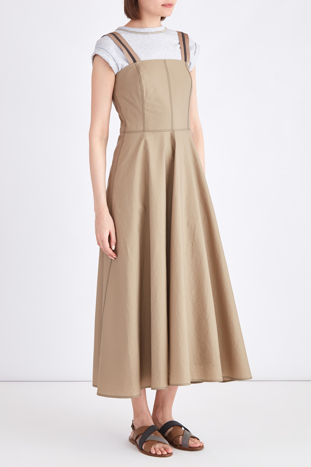 Платье-сарафан из поплина с широкими бретельками BRUNELLO CUCINELLI, цвет бежевый, размер 40 - фото 3