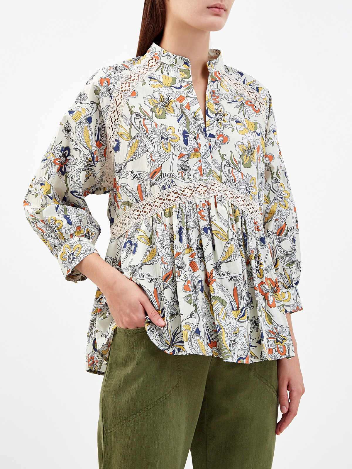 Блуза из дышащего хлопка с ажурным декором и принтом ERMANNO FIRENZE, цвет бежевый, размер 40;42;44;46;38 - фото 3