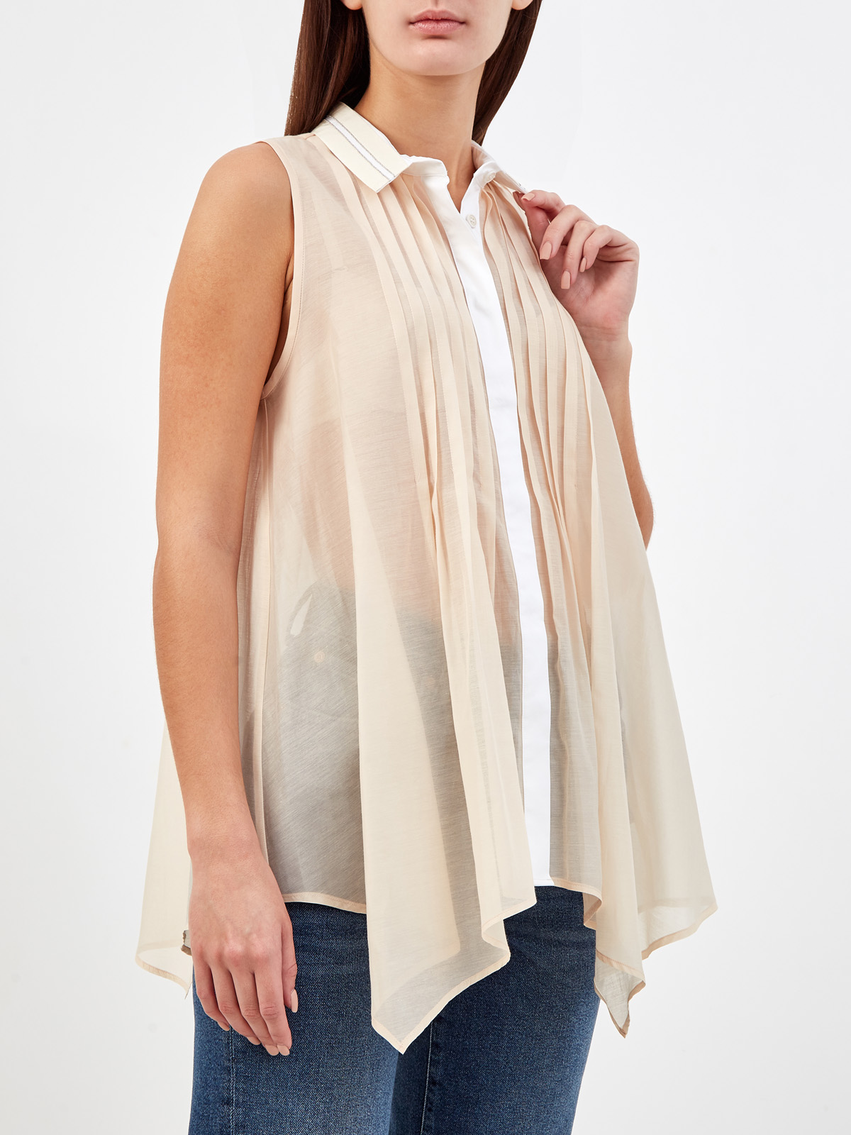 Плиссированная блуза из хлопковой и шелковой органзы с поясом PESERICO, цвет бежевый, размер 42;44;46 - фото 3