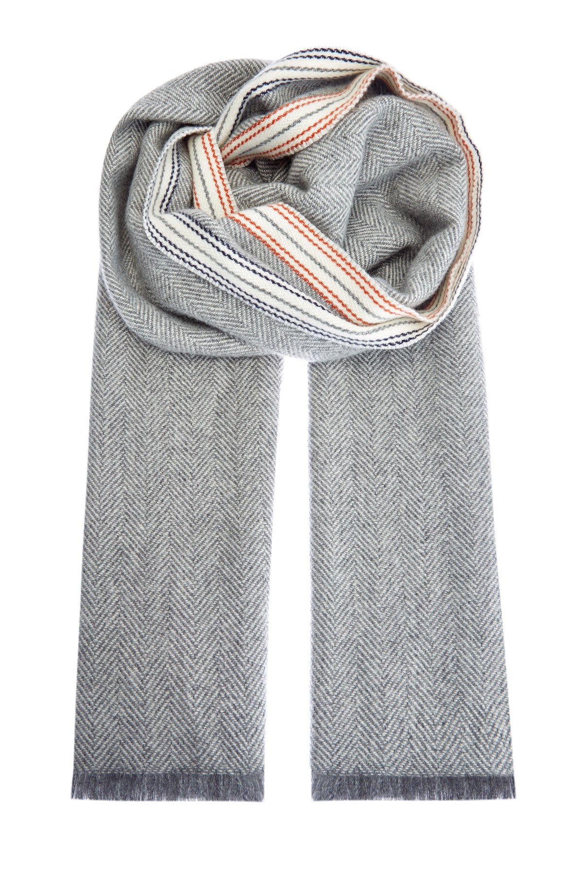 Кашемировый шарф из фактурной пряжи с контрастным декором BRUNELLO CUCINELLI, цвет серый, размер 40;42;44;46