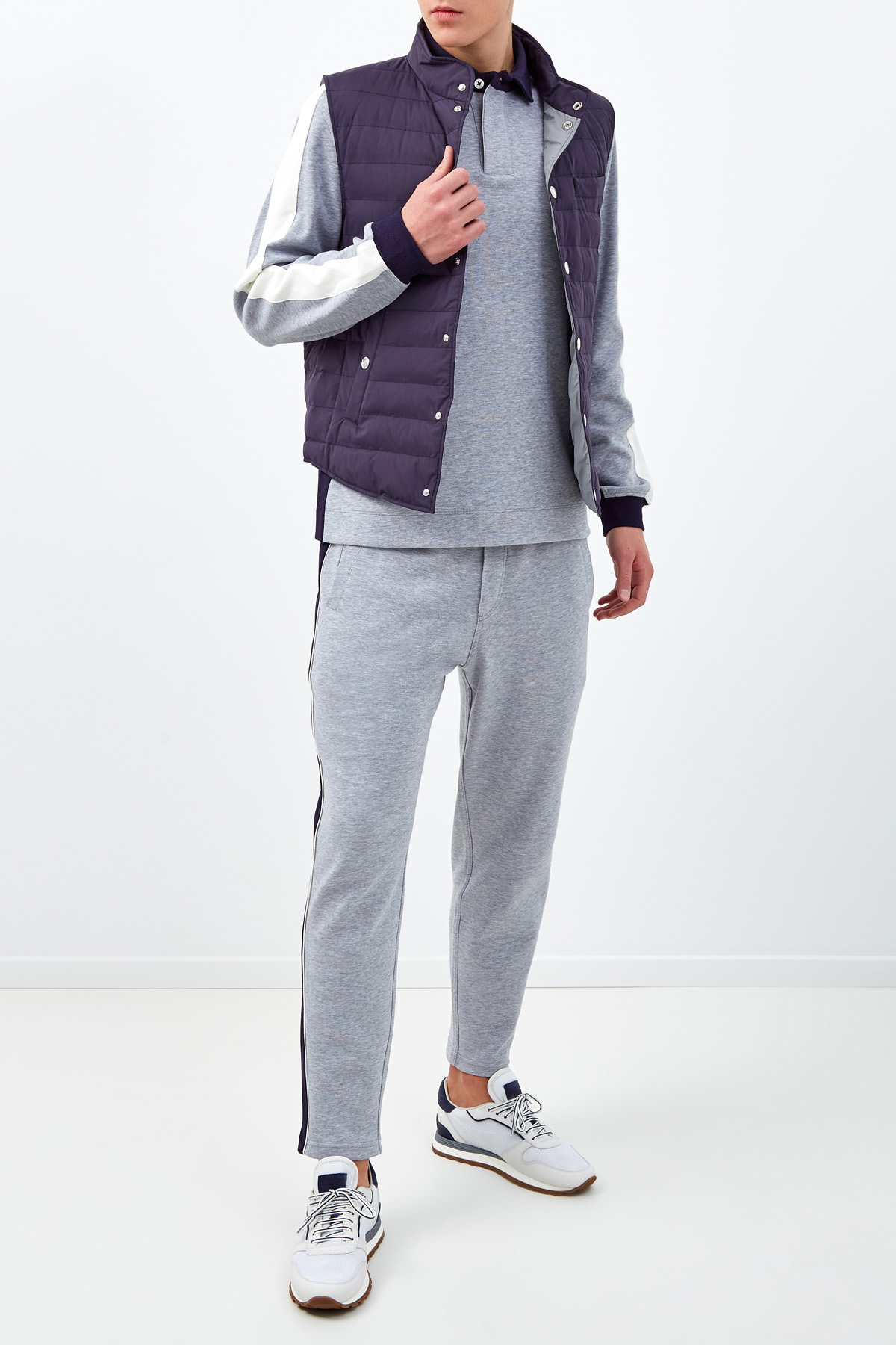 Хлопковые спортивные брюки с лампасами colorblock BRUNELLO CUCINELLI, цвет серый, размер 46 - фото 2