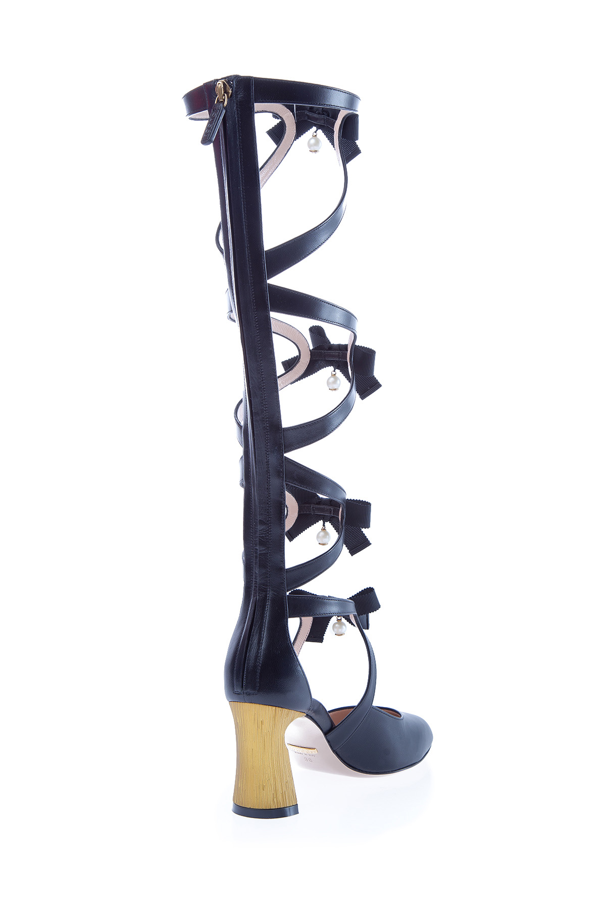 Кожаные туфли-гладиаторы с бантами из корсажной ленты GUCCI, цвет черный, размер 36;36.5;37 - фото 4