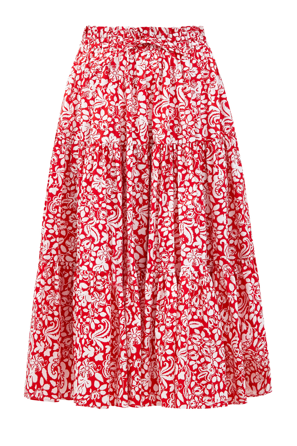 Хлопковая юбка-миди с многоярусным подолом и флористическим паттерном ALEXANDER TEREKHOV, цвет красный, размер 42 - фото 1