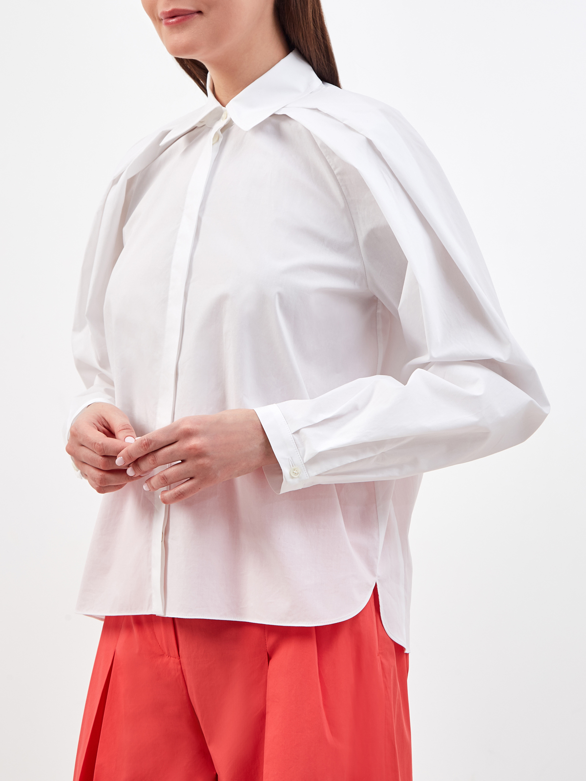 Блуза из хлопкового поплина с архитектурными рукавами ROCHAS, цвет белый, размер 40;42;38 - фото 3