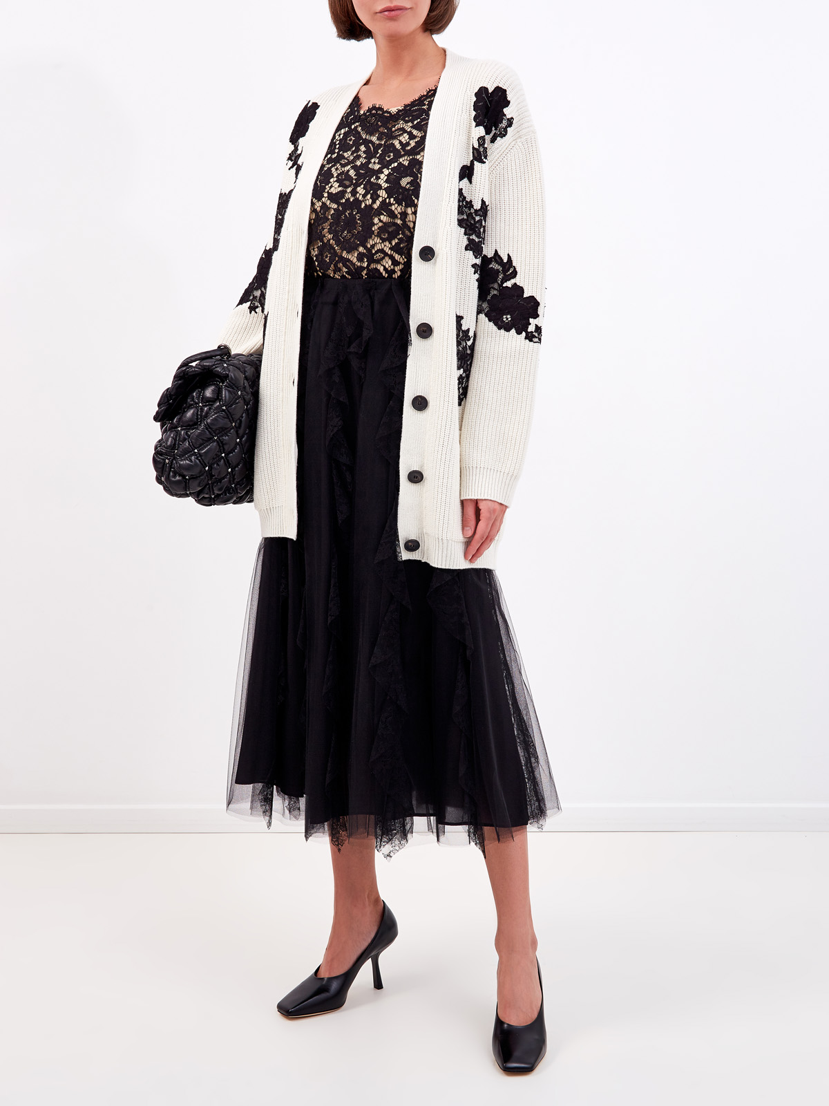 Многослойная юбка-плиссе с кружевным декором VALENTINO, цвет черный, размер 40;42;38 - фото 2