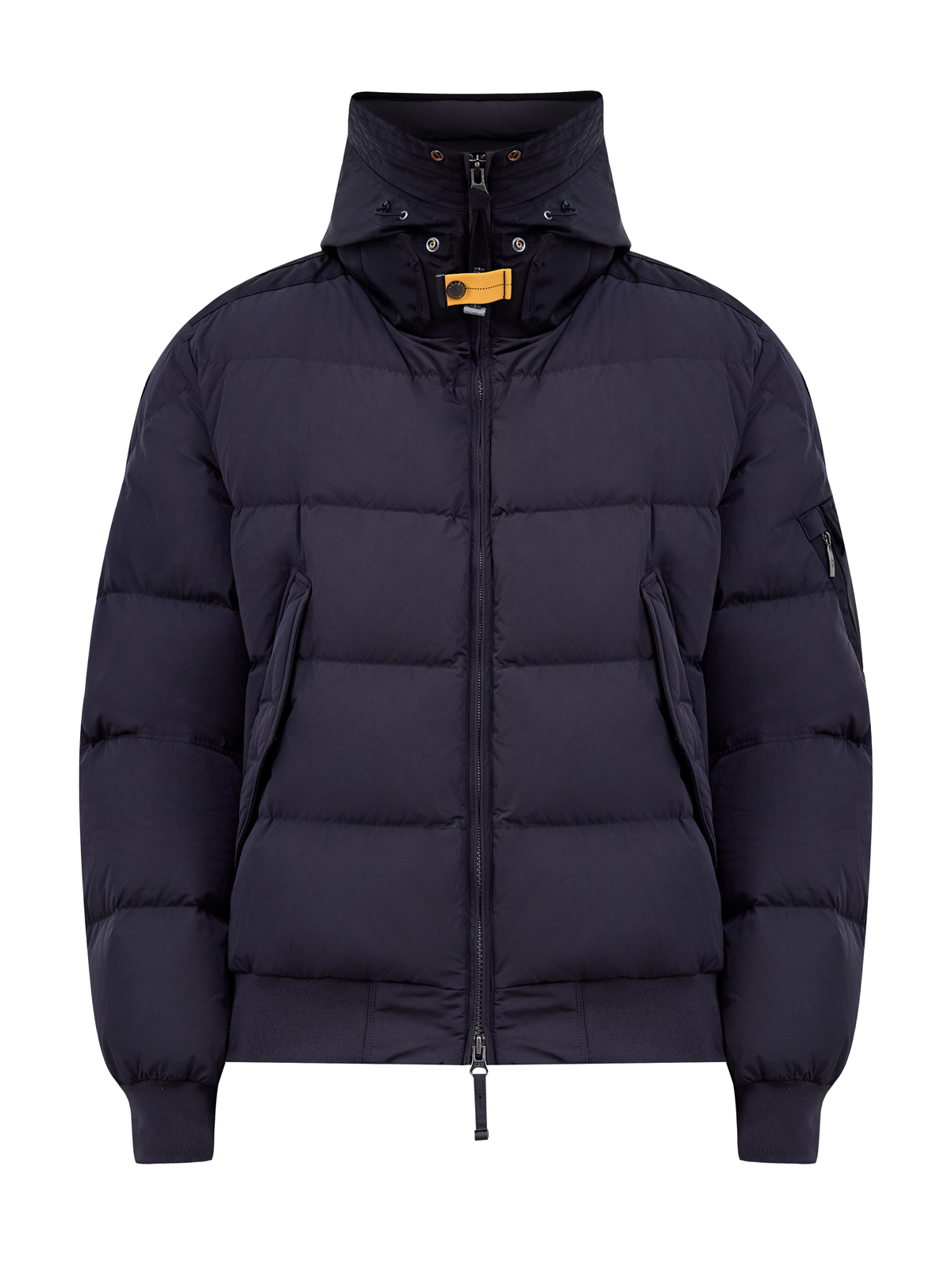 Стеганый пуховик-бомбер с регулируемым капюшоном и нашивкой 109800₽