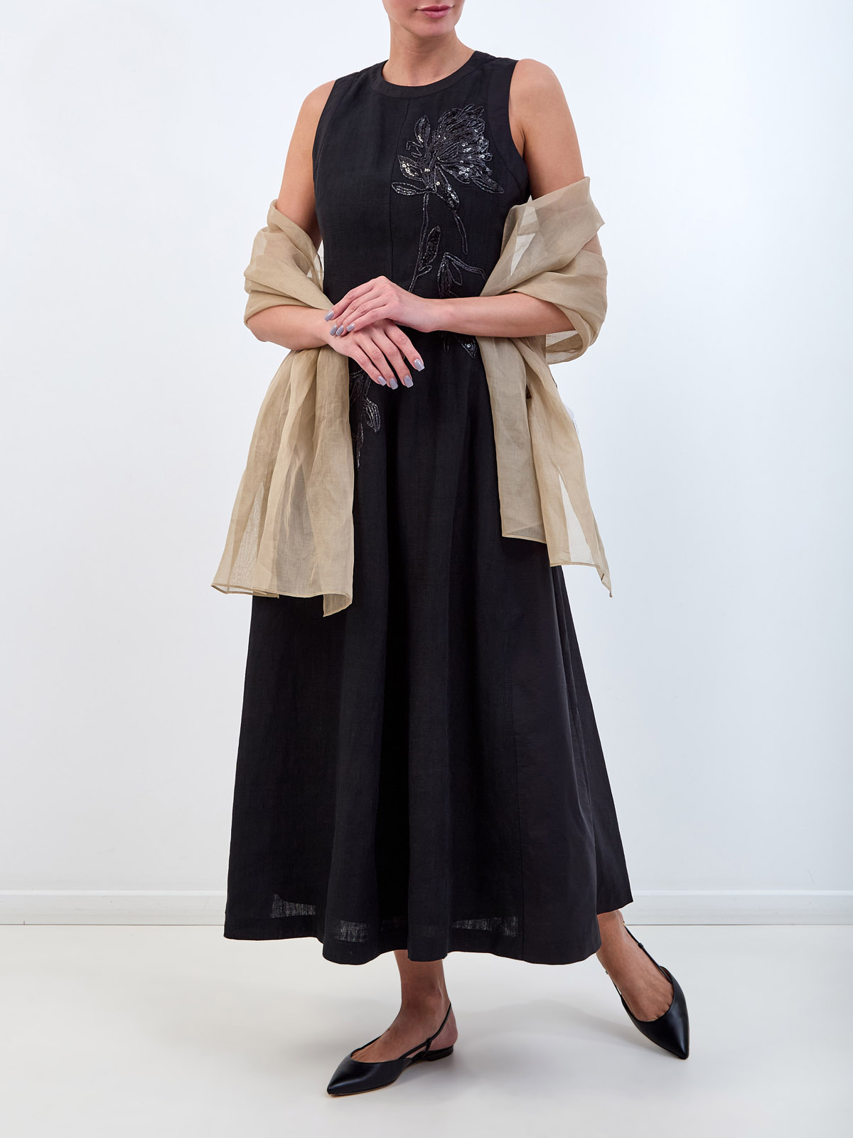 Платье из льняной и хлопковой ткани с блестящей вышивкой Magnolia BRUNELLO CUCINELLI, цвет черный, размер 42;44;46 - фото 2