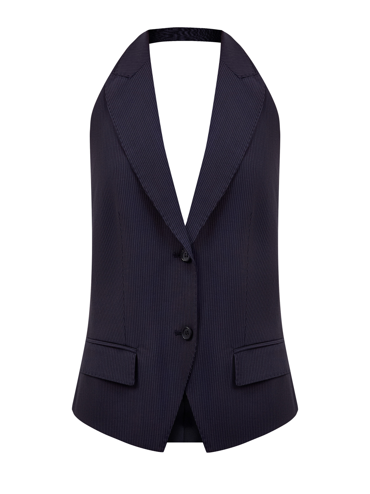 Костюмный жилет в полоску с воротом-халтер и символикой 55860₽