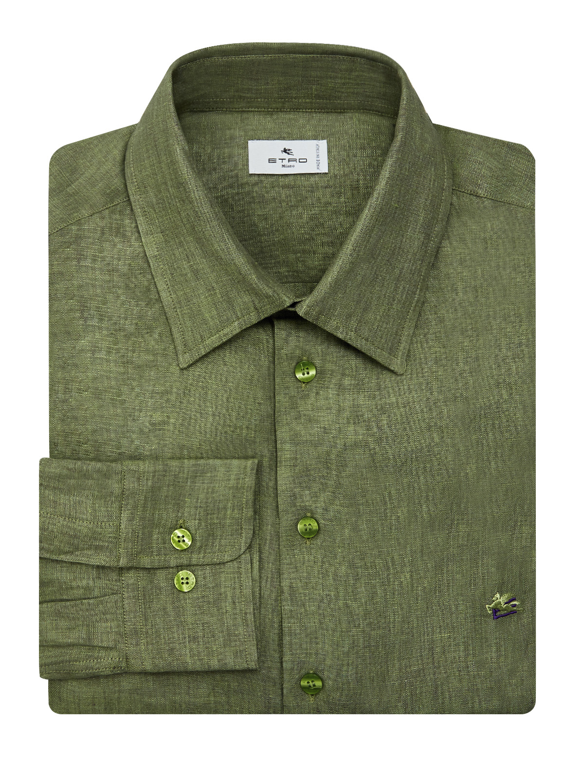 Льняная рубашка Regular Fit с вышитым логотипом ETRO зеленого цвета