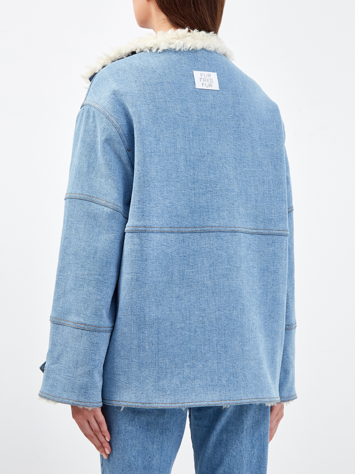Асимметричная куртка из денима и эко-меха Fur Free Fur STELLA McCARTNEY, цвет голубой, размер 38;42;36 - фото 4