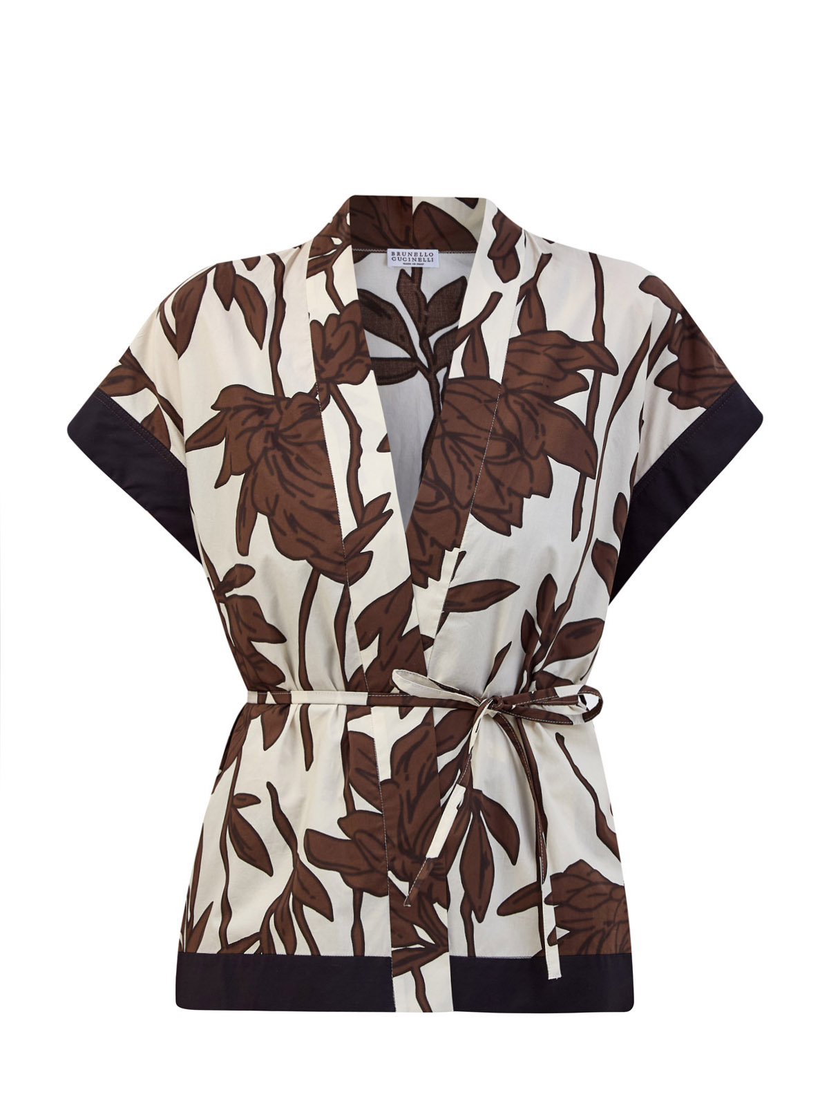 Блуза-кимоно из хлопкового поплина с цепочкой Мониль и поясом BRUNELLO CUCINELLI, цвет коричневый, размер 42