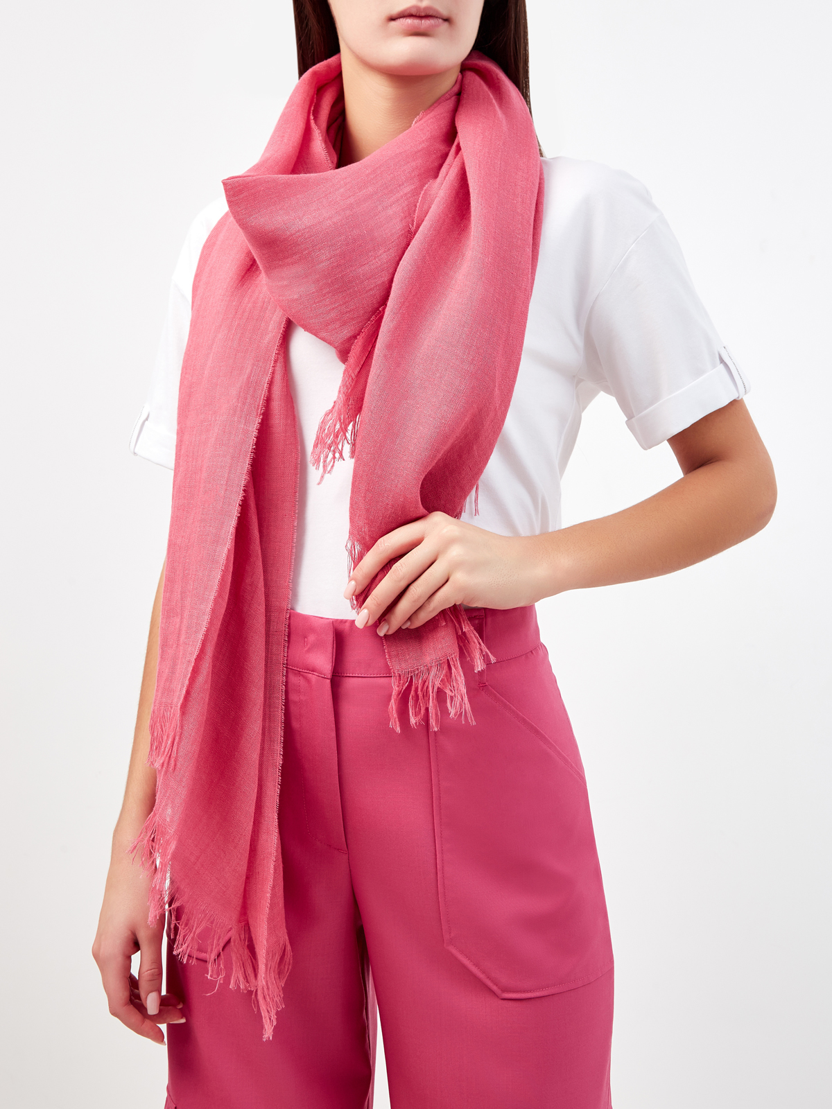 Шарф из тонкого льна и шелка с бахромой FABIANA FILIPPI, цвет розовый, размер 40 - фото 2