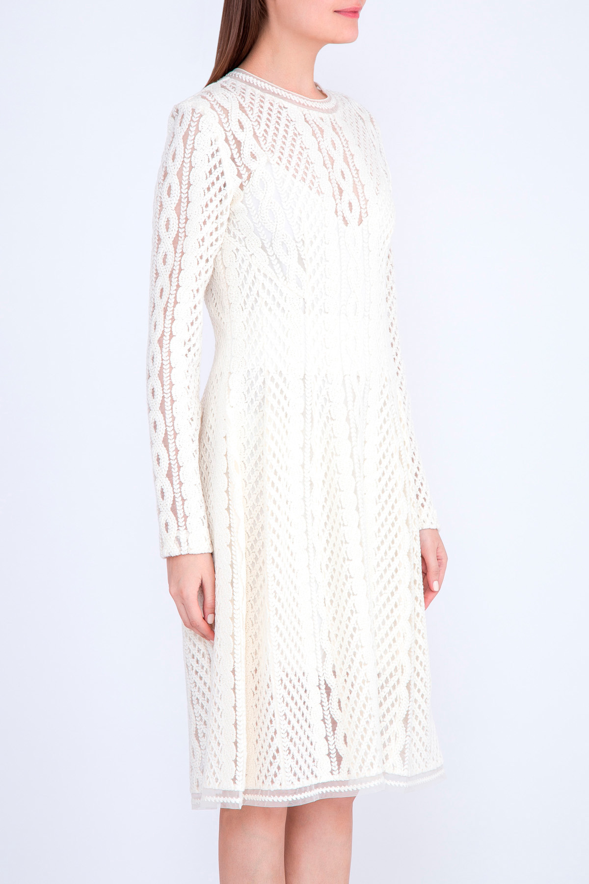 Двухслойное платье из вуали с ажурной вышивкой шерстяной нитью ERMANNO SCERVINO, цвет белый, размер 42 - фото 3