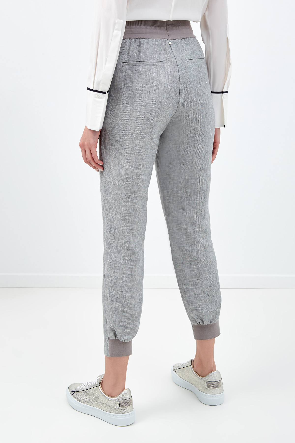 Льняные брюки с отделкой из фирменного джерси LORENA ANTONIAZZI, цвет серый, размер 38 - фото 4
