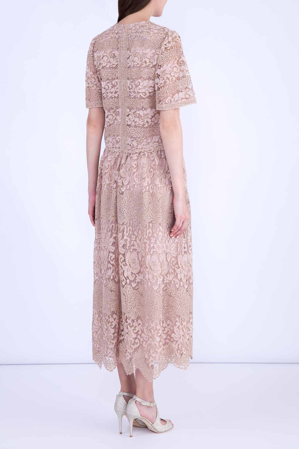 Платье-миди из кружева ручной работы с заниженной линией талии VALENTINO, цвет бежевый, размер 42 - фото 4