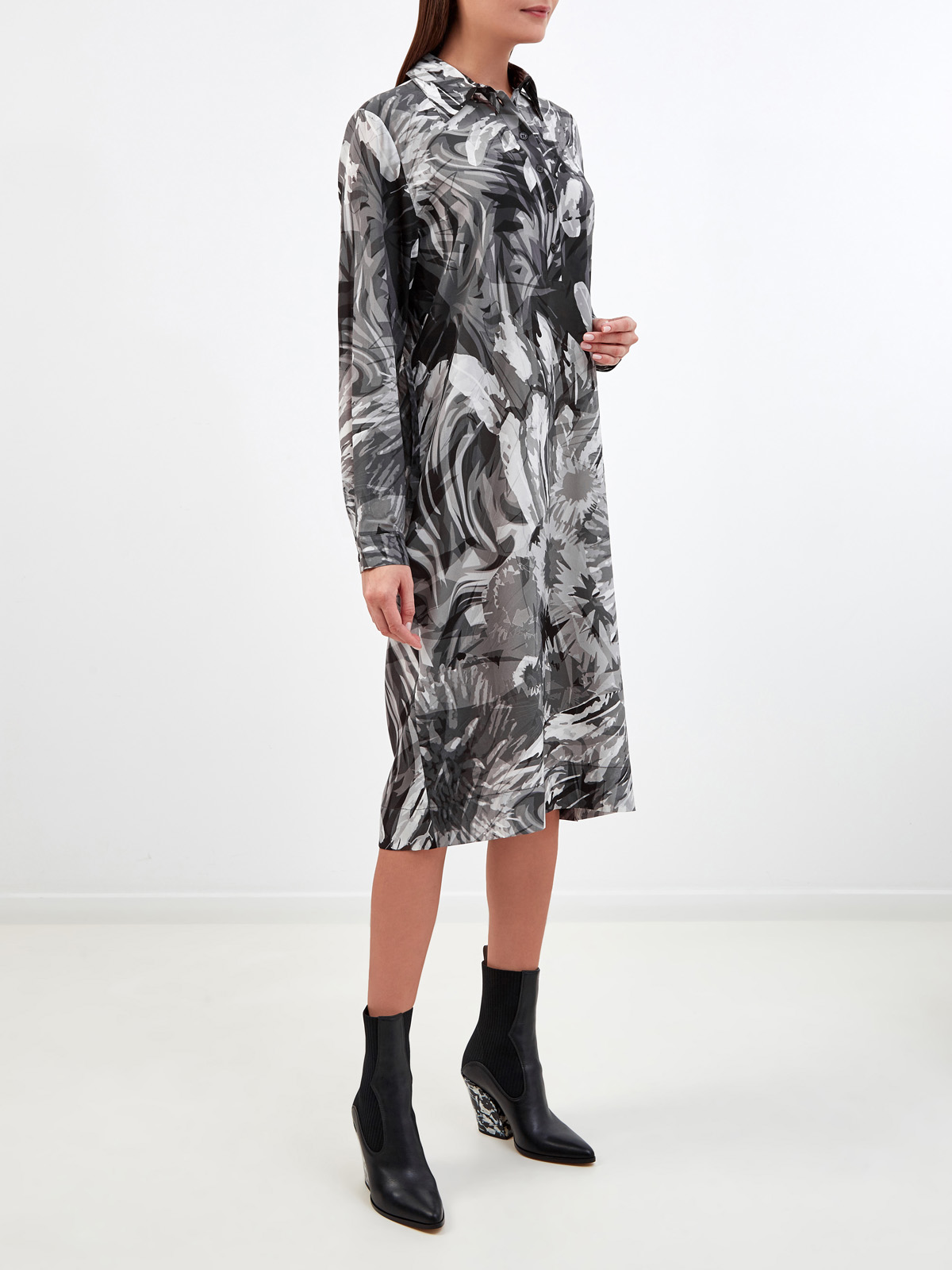 Платье-рубашка из струящегося шелка с принтом RE VERA, цвет серый, размер 46;48;44 - фото 3