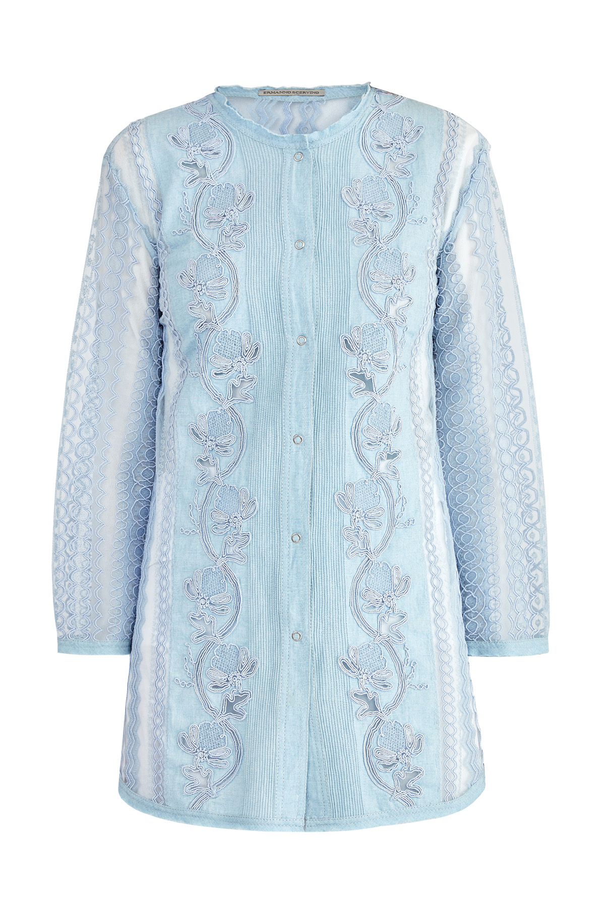 Блуза из кружевной вуали с расшитой вставкой на передней планке ERMANNO SCERVINO, цвет голубой, размер 42;44 - фото 1