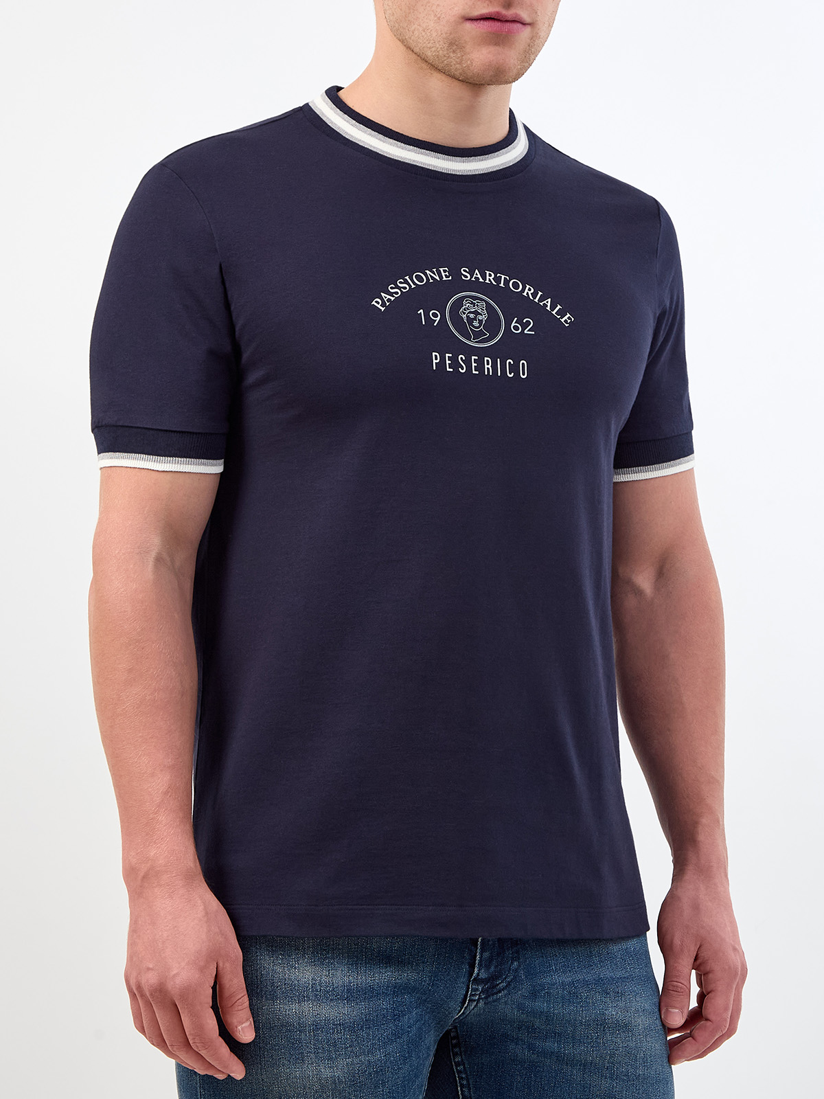 Хлопковая футболка с контрастной отделкой и принтом PESERICO, цвет синий, размер 48 - фото 3