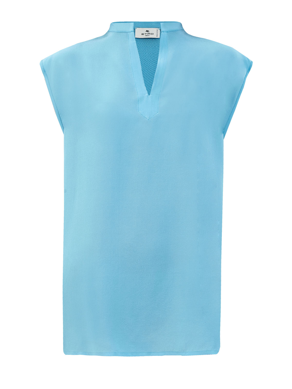 Шелковая блуза удлиненного кроя с V-образным вырезом ETRO голубого цвета
