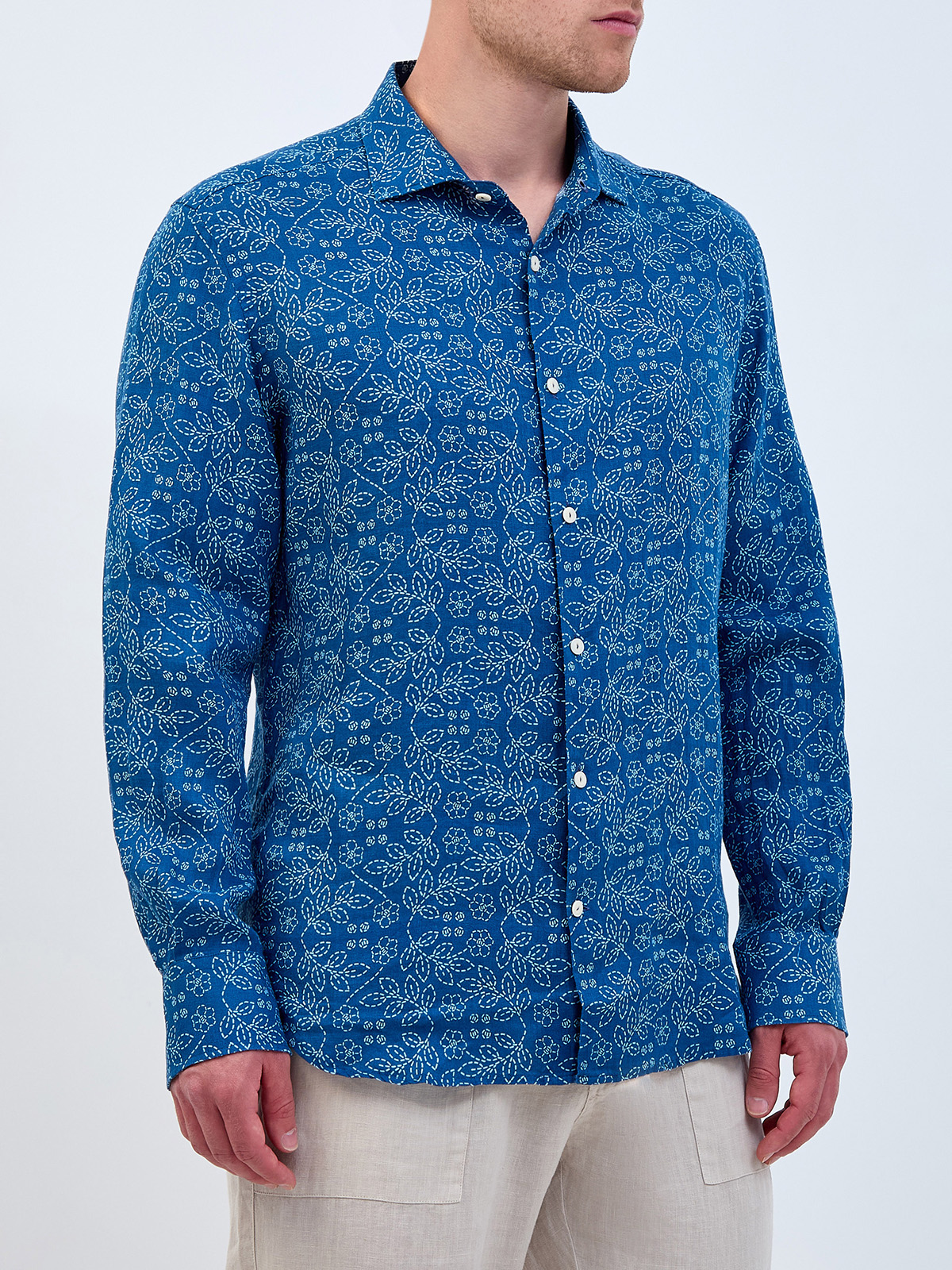 Льняная рубашка с флористическим паттерном Sashiko MC2 SAINT BARTH, цвет синий, размер 50;52;54;56;58 - фото 3