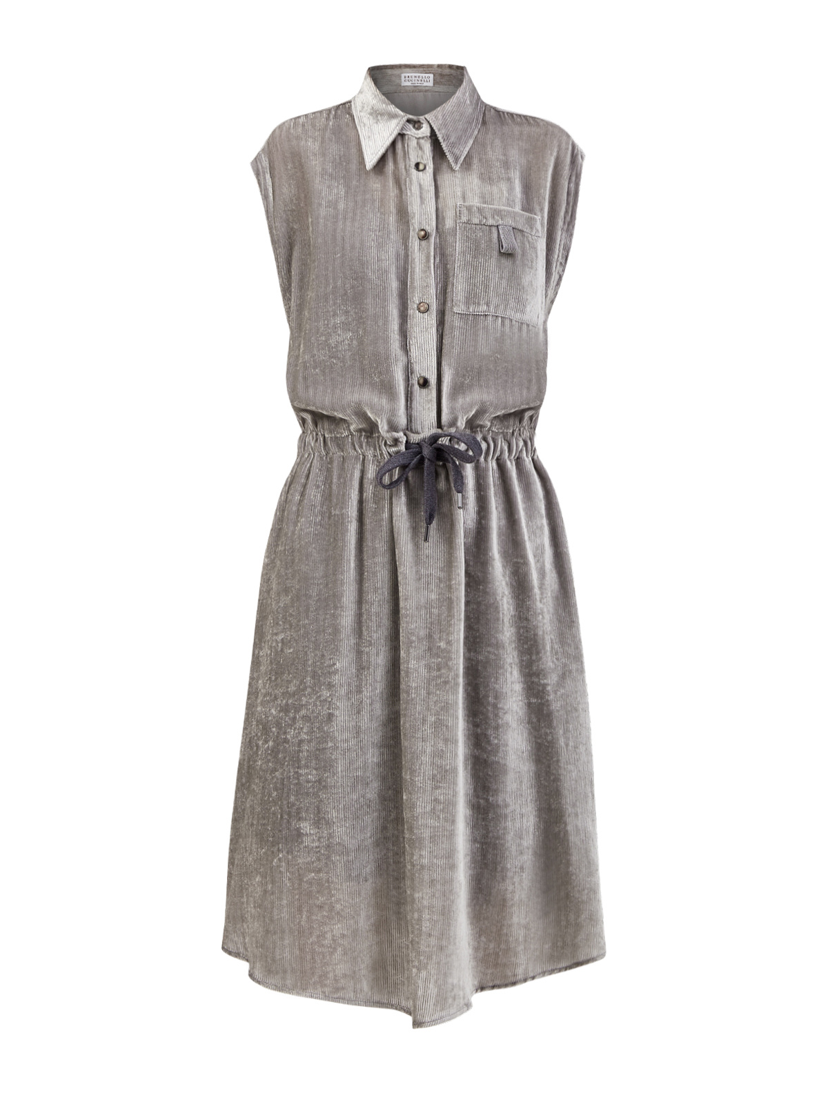 Платье-рубашка из тонкого вельвета и шелка с деталью Мониль BRUNELLO CUCINELLI серого цвета