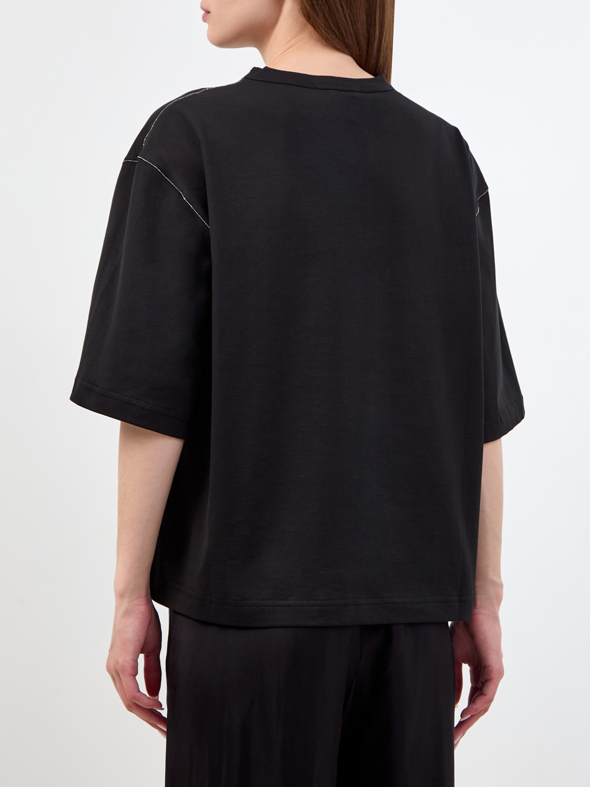 Свободная футболка из хлопка джерси с ювелирной окантовкой FABIANA FILIPPI, цвет черный, размер 38;40;42;44;46 - фото 4