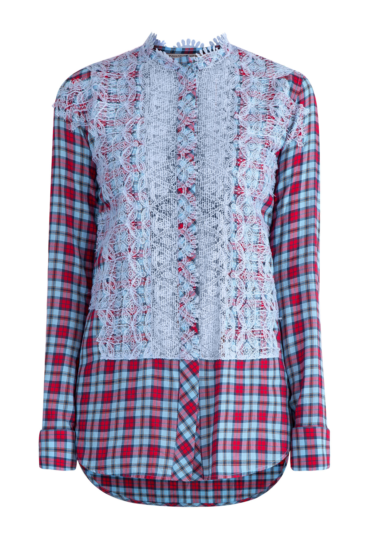 Рубашка асимметричного кроя с принтом в клетку и кружевной отделкой ERMANNO SCERVINO, цвет мульти, размер 40 - фото 1