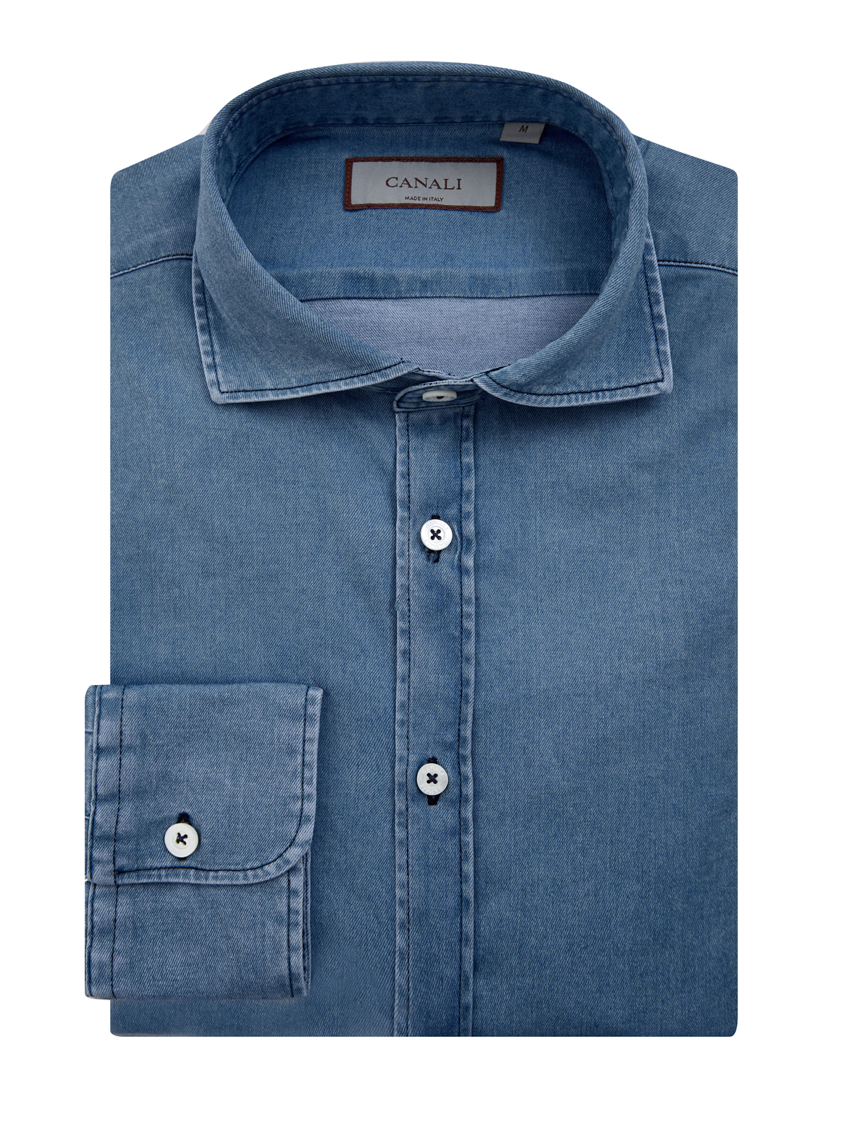 Рубашка из окрашенного вручную эластичного денима с прострочкой CANALI, цвет синий, размер 48;50;52;54