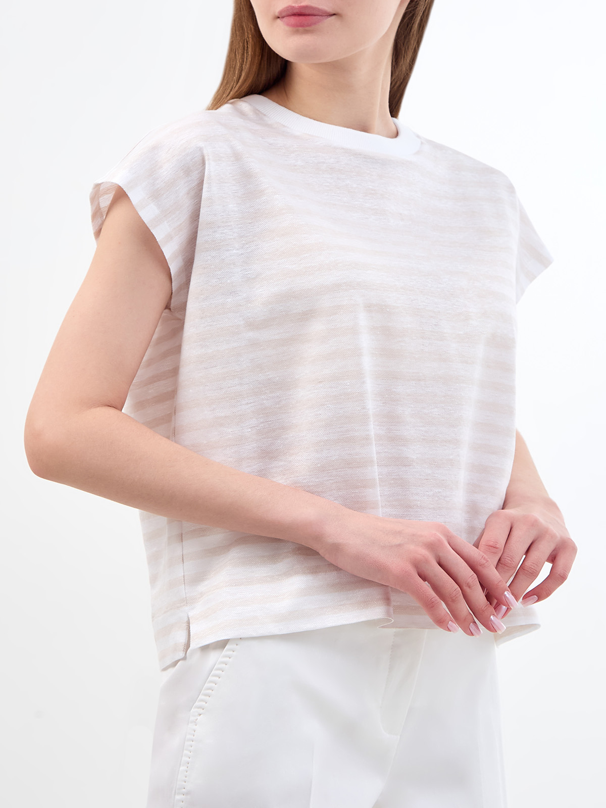 Свободная футболка из тонкого хлопка и льна в полоску PESERICO, цвет бежевый, размер 38;40;42;44;46 - фото 3