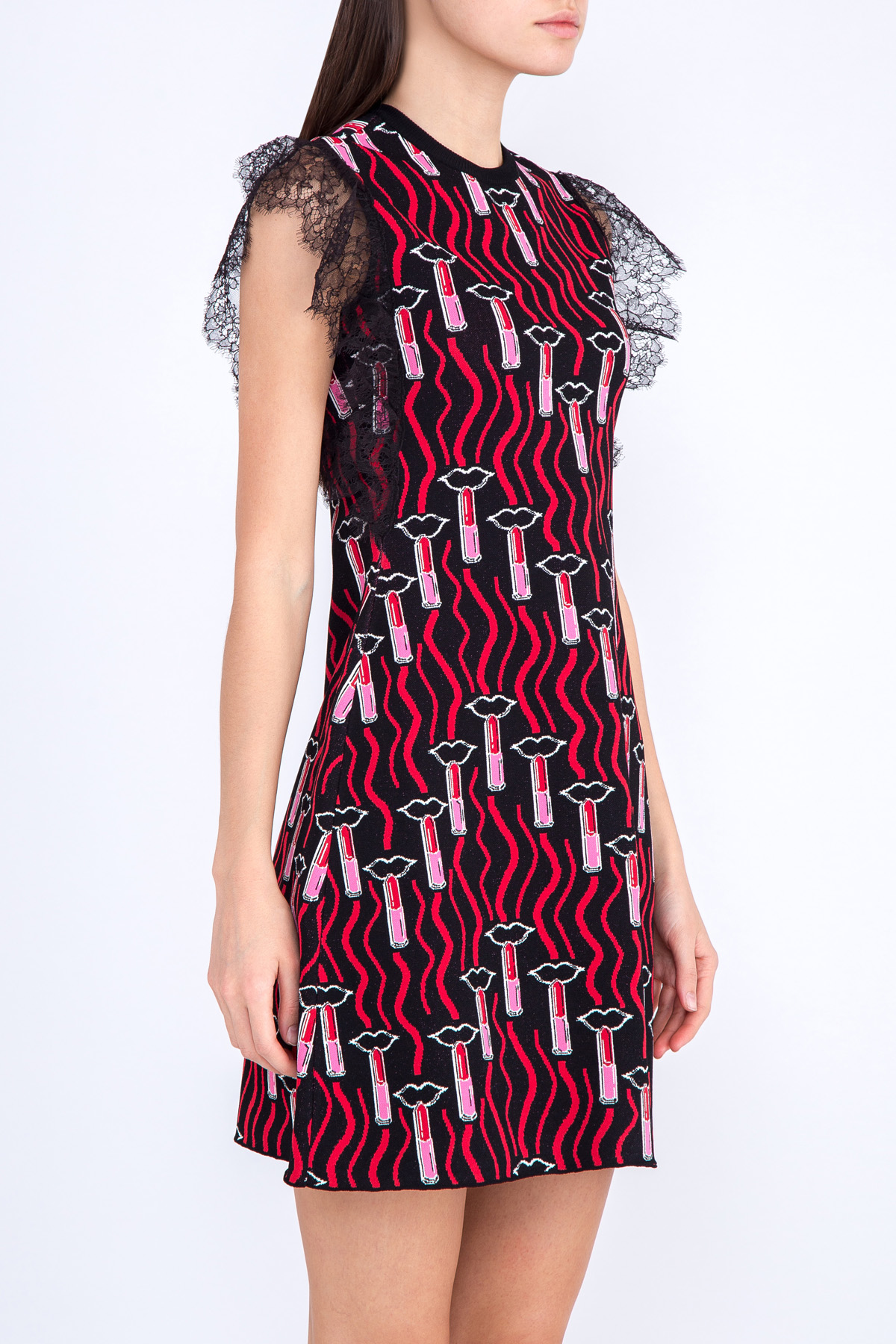 Приталенное трикотажное платье с принтом Lipstick Waves и кружевом VALENTINO, цвет мульти, размер 40 - фото 3