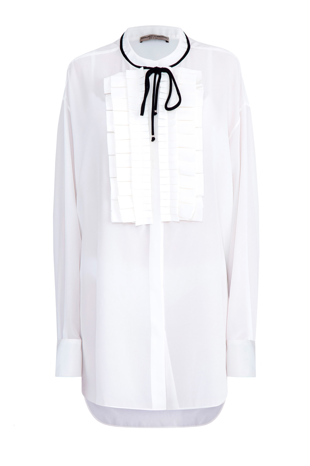 Шелковая блуза oversize-кроя с манишкой и бархатной отделкой ворота ERMANNO SCERVINO, цвет белый, размер 46 - фото 1