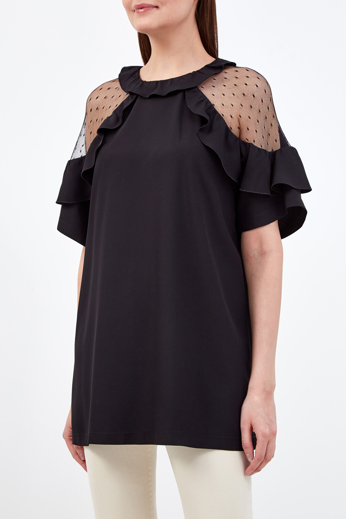 Блуза с объемными рукавами и вставками из тюля «пуэн-деспри» REDVALENTINO, цвет черный, размер 2XL;M - фото 3