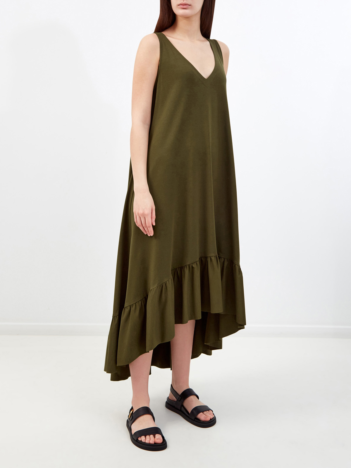 Хлопковое платье с V-образным вырезом и асимметричным подолом RE VERA, цвет зеленый, размер M;L;XL;S - фото 3