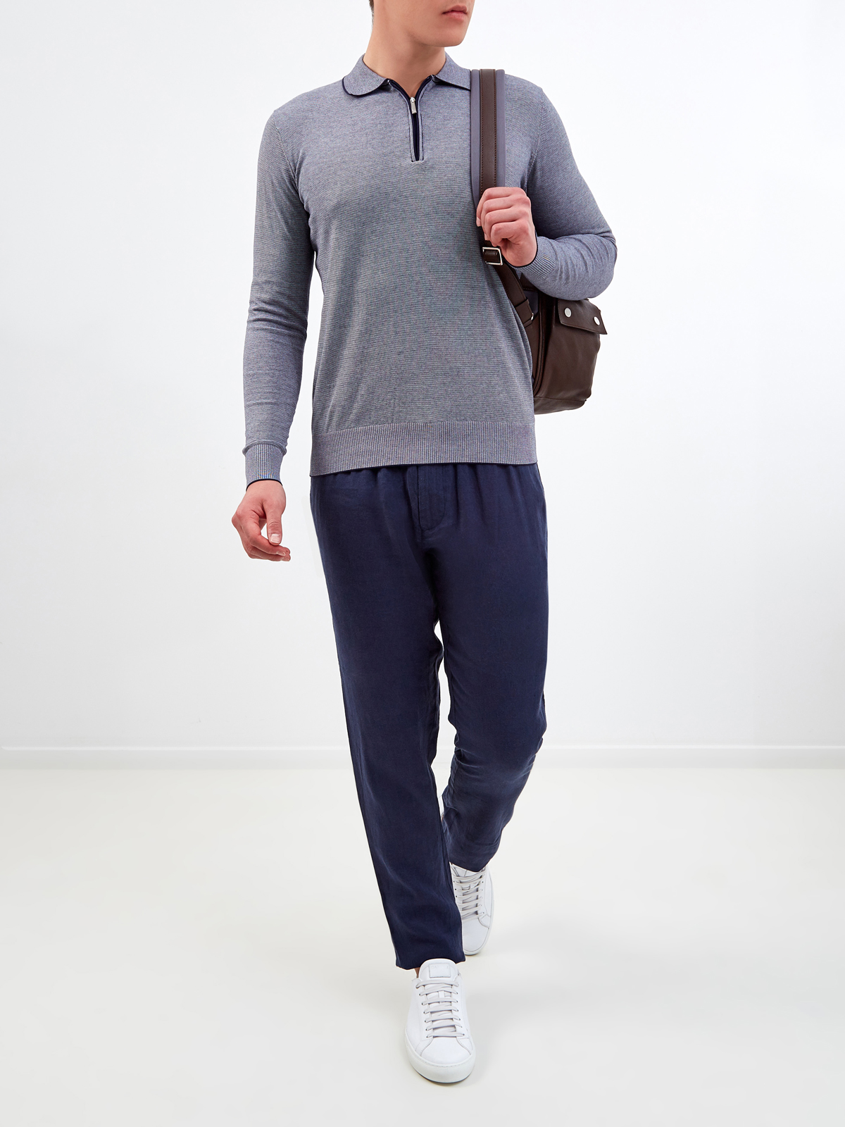 Льняные брюки с эластичным поясом и логотипом в тон CUDGI, цвет синий, размер XL;L - фото 2