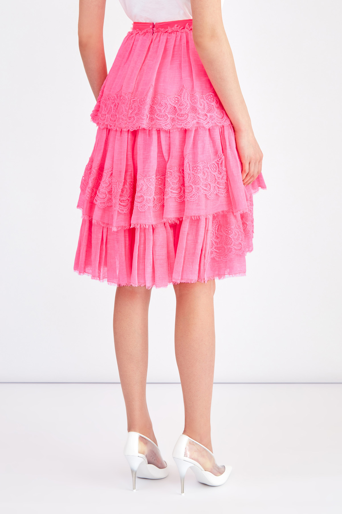 Ярусная юбка из хлопка и льна с отделкой кружевом ручной работы ERMANNO SCERVINO, цвет розовый, размер 40;42 - фото 4