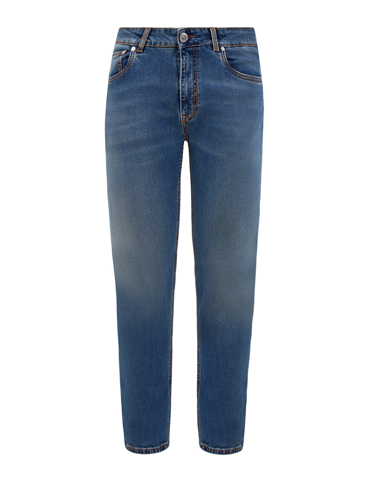 Зауженные джинсы из выбеленного денима с макро-вышивкой ETRO синего цвета