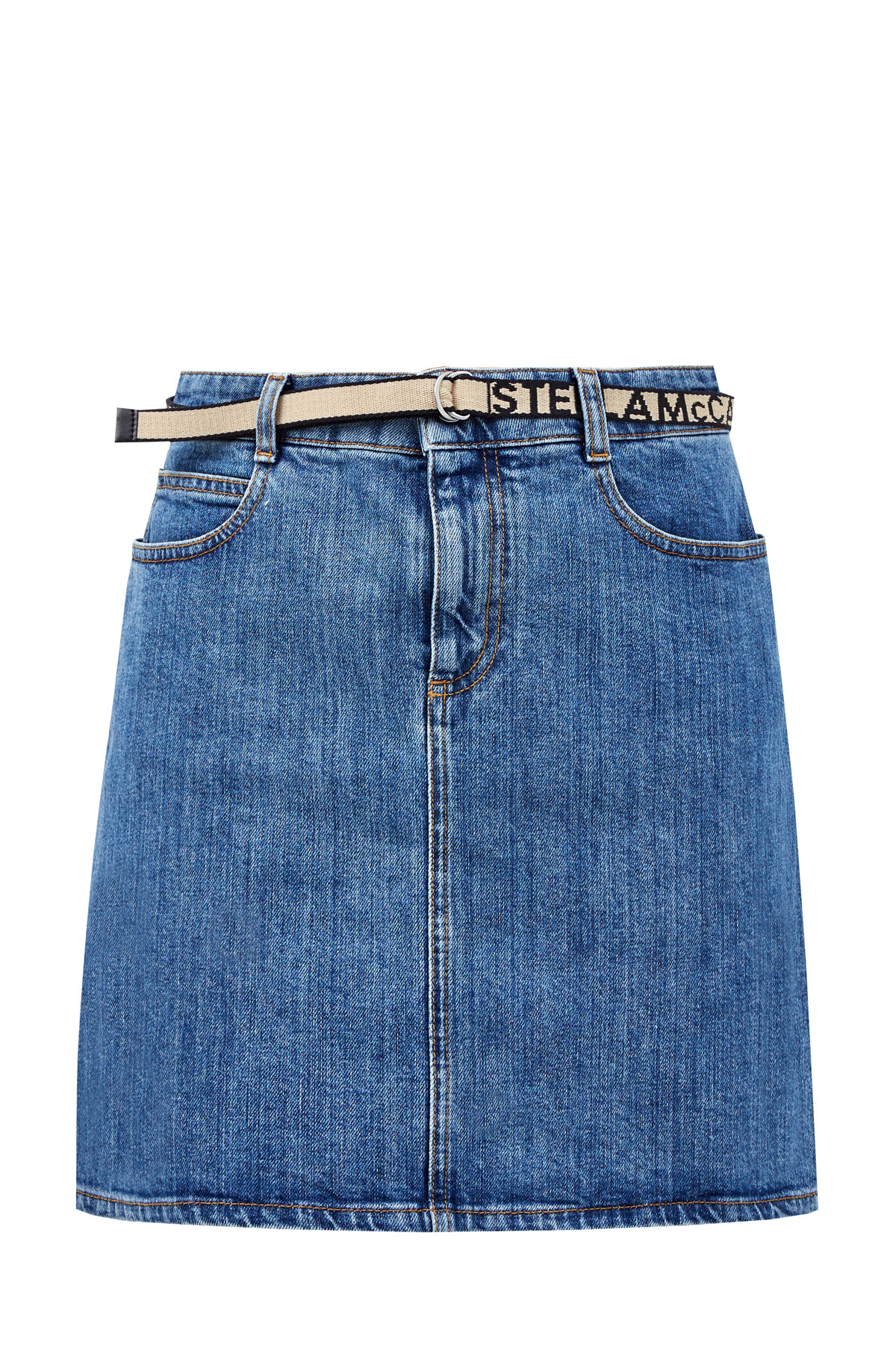 Джинсовая юбка-мини с принтованным поясом STELLA McCARTNEY, цвет синий, размер 44;38 - фото 1
