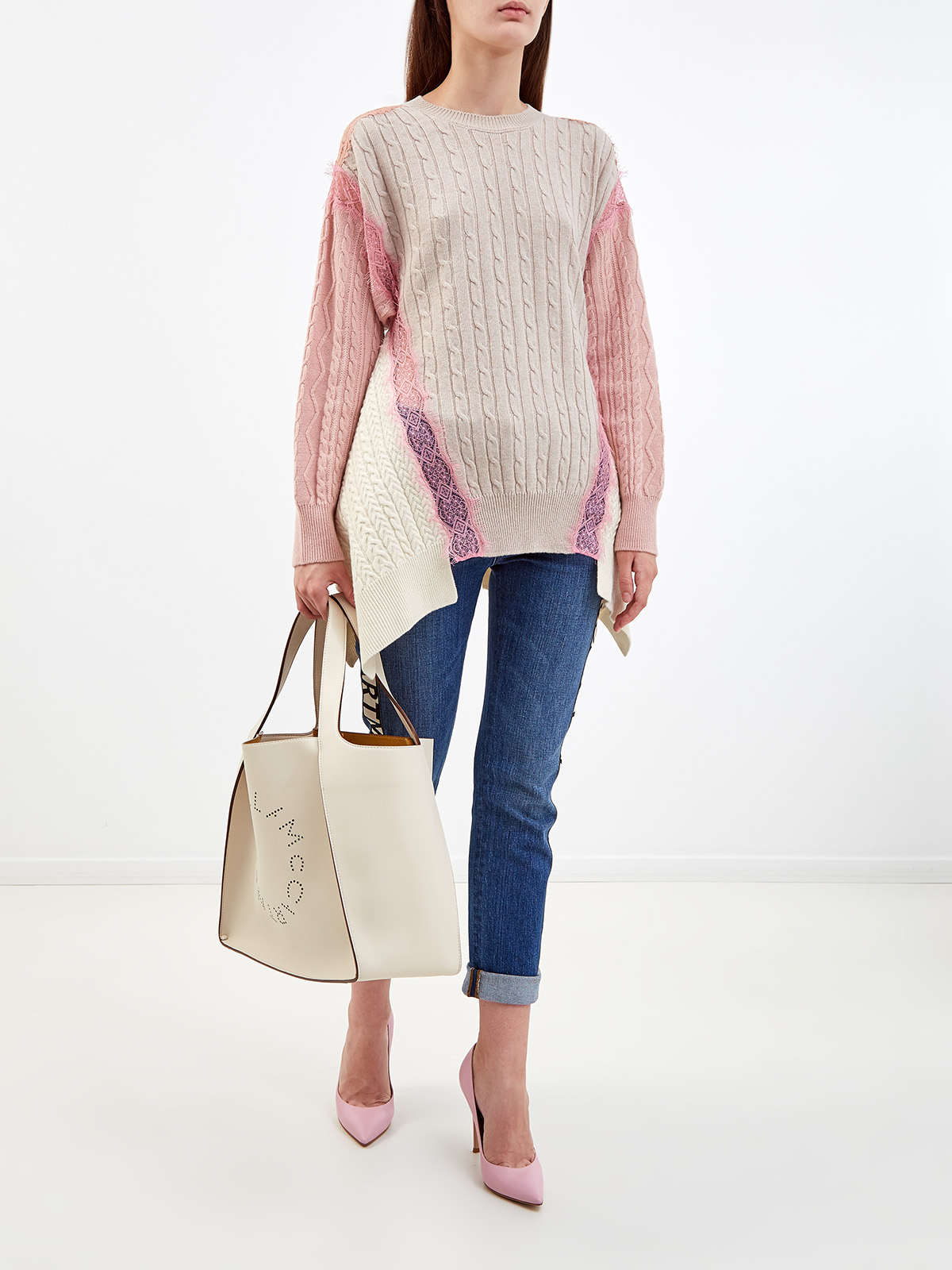 Шерстяной пуловер с объемным принтом и кружевом STELLA McCARTNEY, цвет розовый, размер 38;36 - фото 2