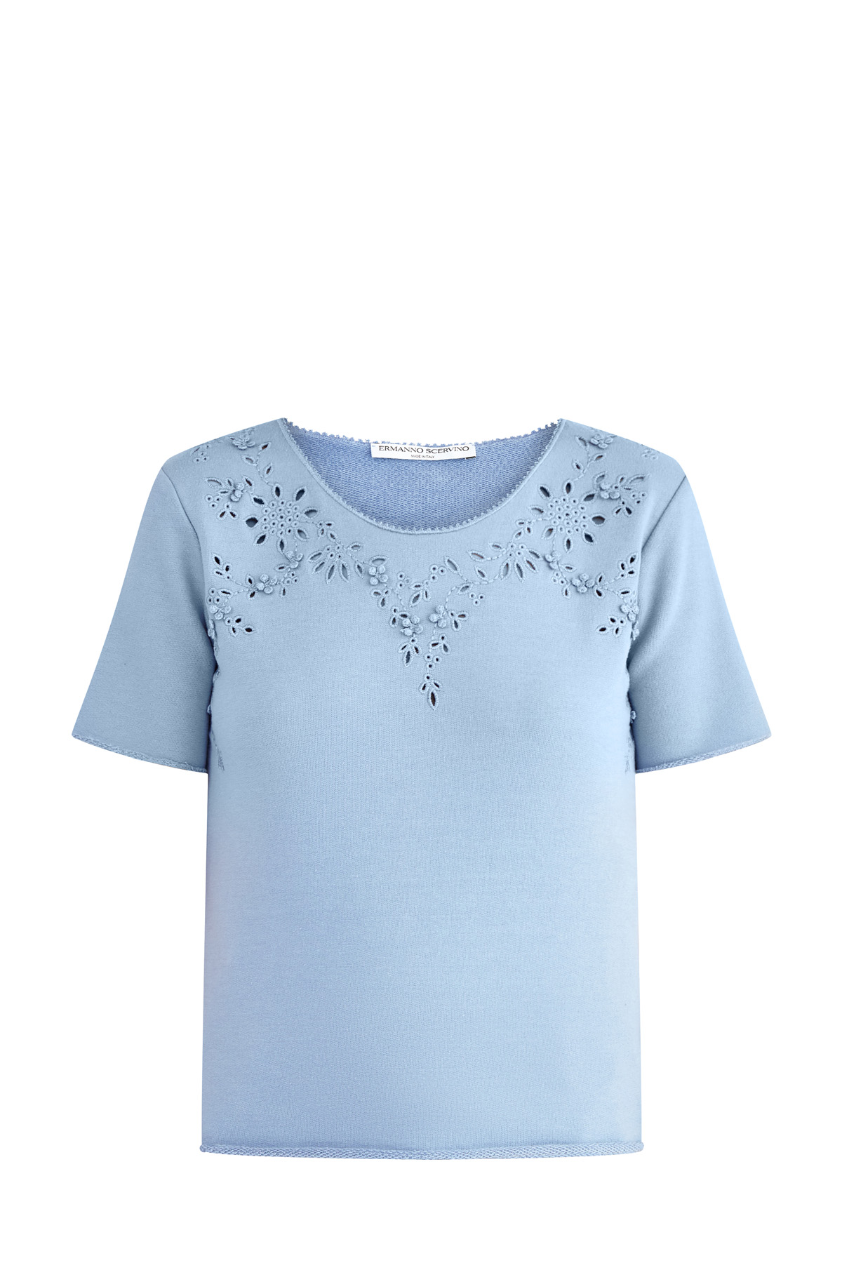 Укороченная футболка из футера с перфорированным кружевным узором ERMANNO SCERVINO, цвет голубой, размер 36;38;40 - фото 1