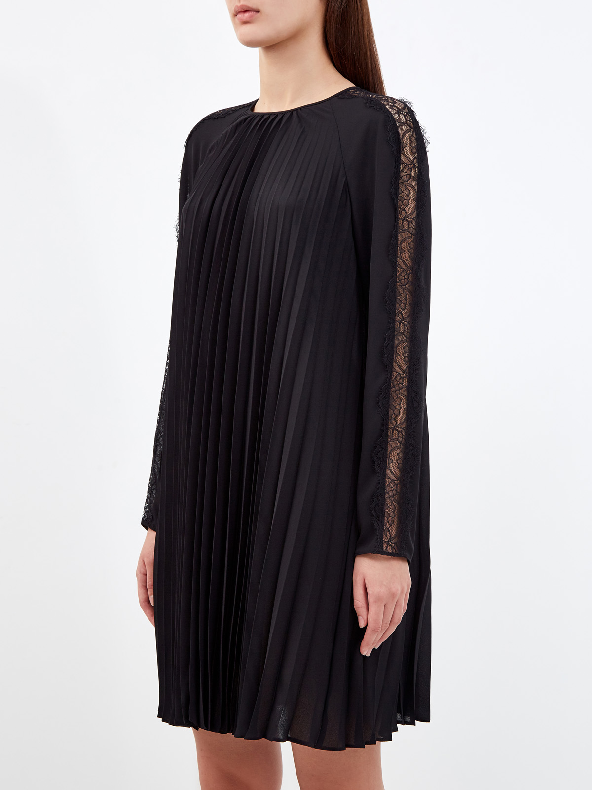 Плиссированное платье из жоржета с кружевной отделкой REDVALENTINO, цвет черный, размер M;L;S - фото 3
