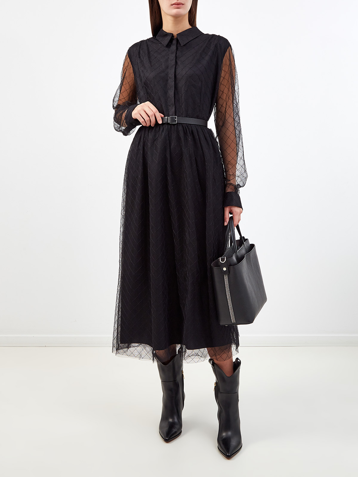 Двухслойное платье-шемизье из полупрозрачного тюля с поясом FABIANA FILIPPI, цвет черный, размер 46;44 - фото 2