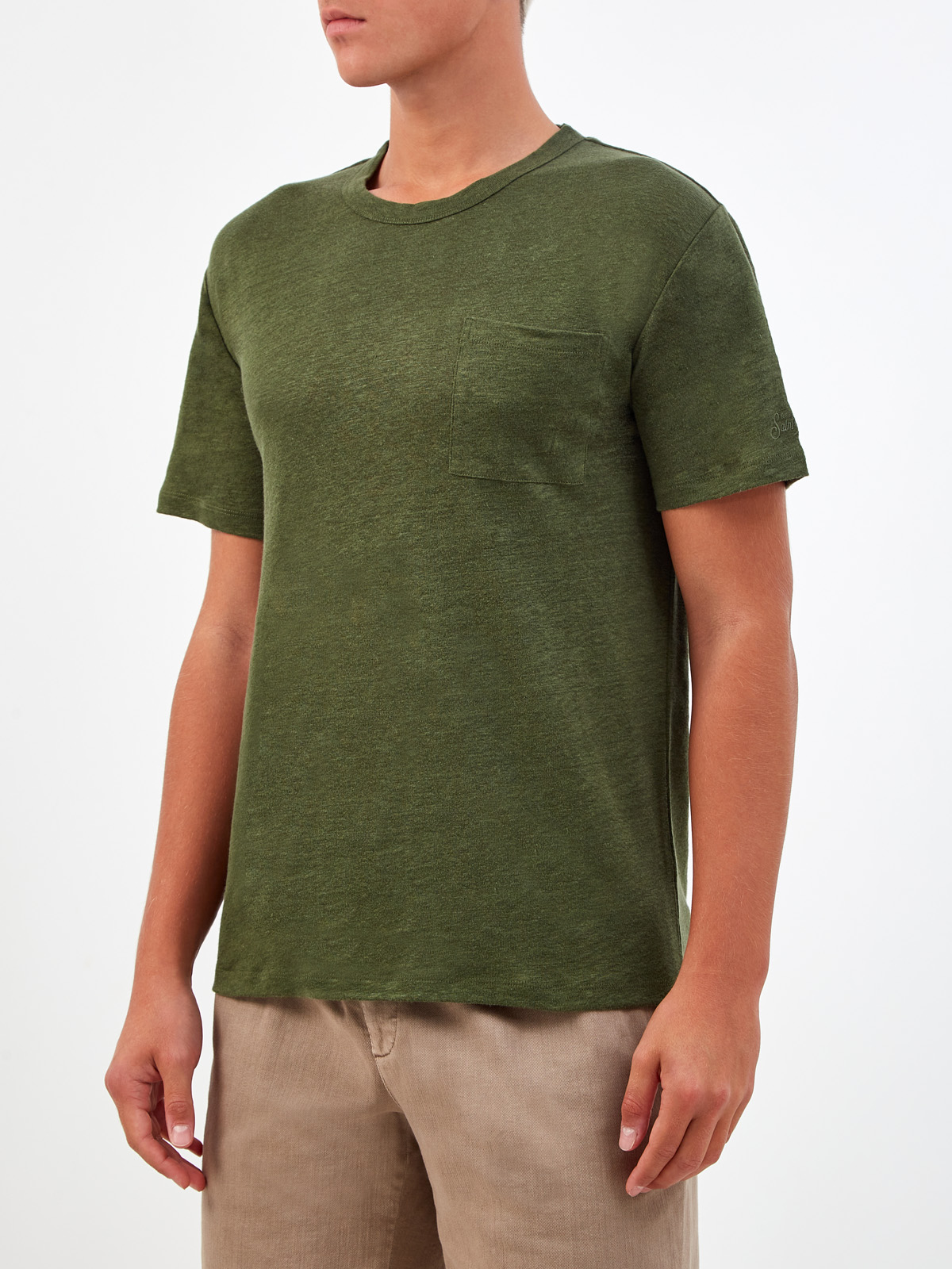 Льняная футболка с накладным карманом и вышивкой в тон MC2 SAINT BARTH, цвет зеленый, размер M - фото 3
