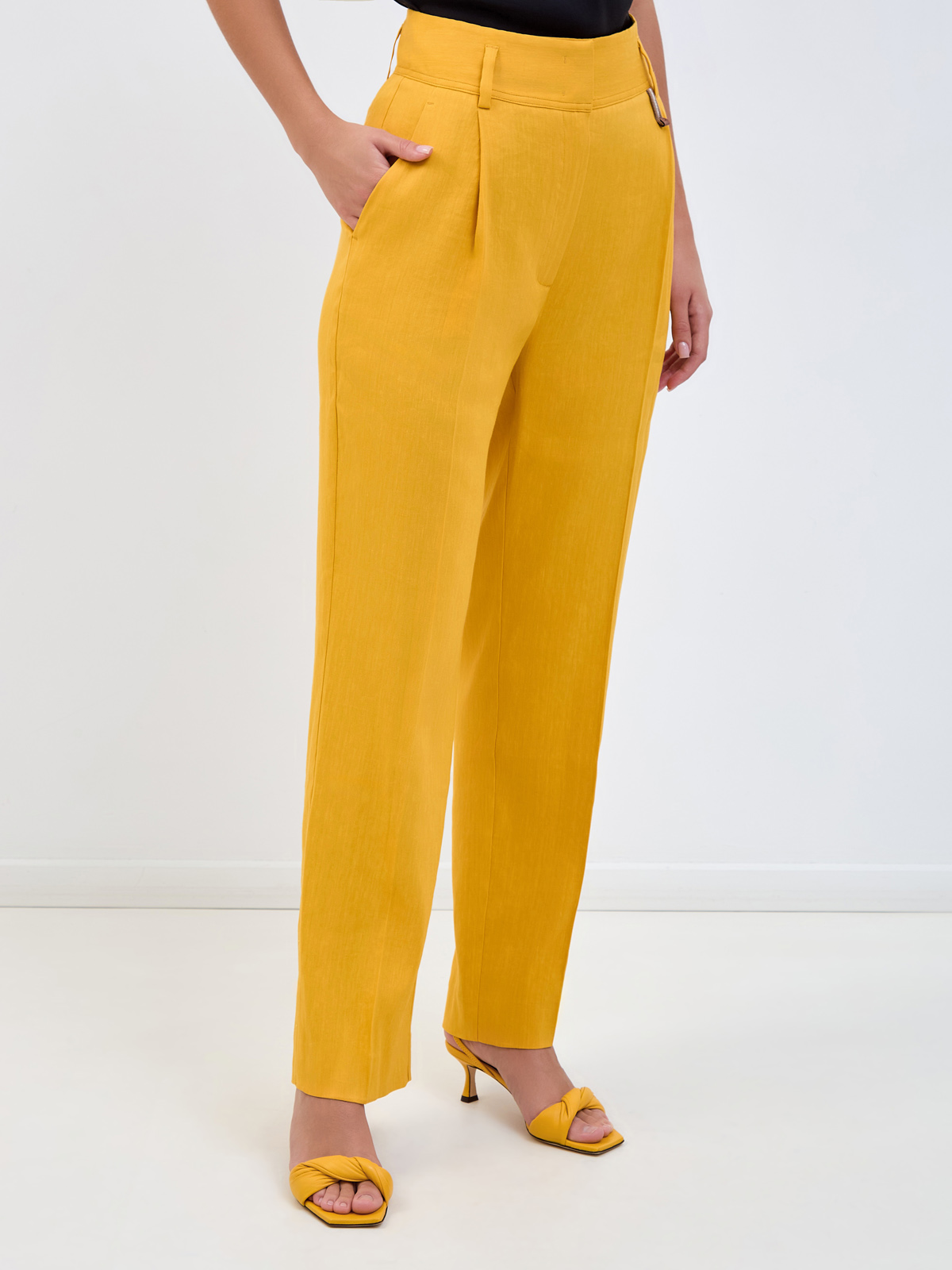 Прямые брюки из льна и вискозы с вязаной деталью на шлевке LORENA ANTONIAZZI, цвет желтый, размер 40;42;44 - фото 3