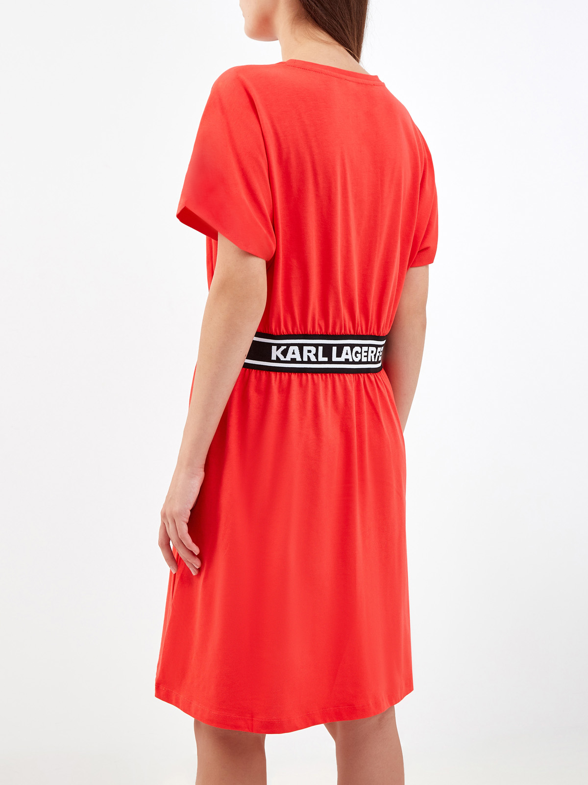 Хлопковое платье-футболка с эластичной отделкой на талии KARL LAGERFELD, цвет красный, размер M - фото 3