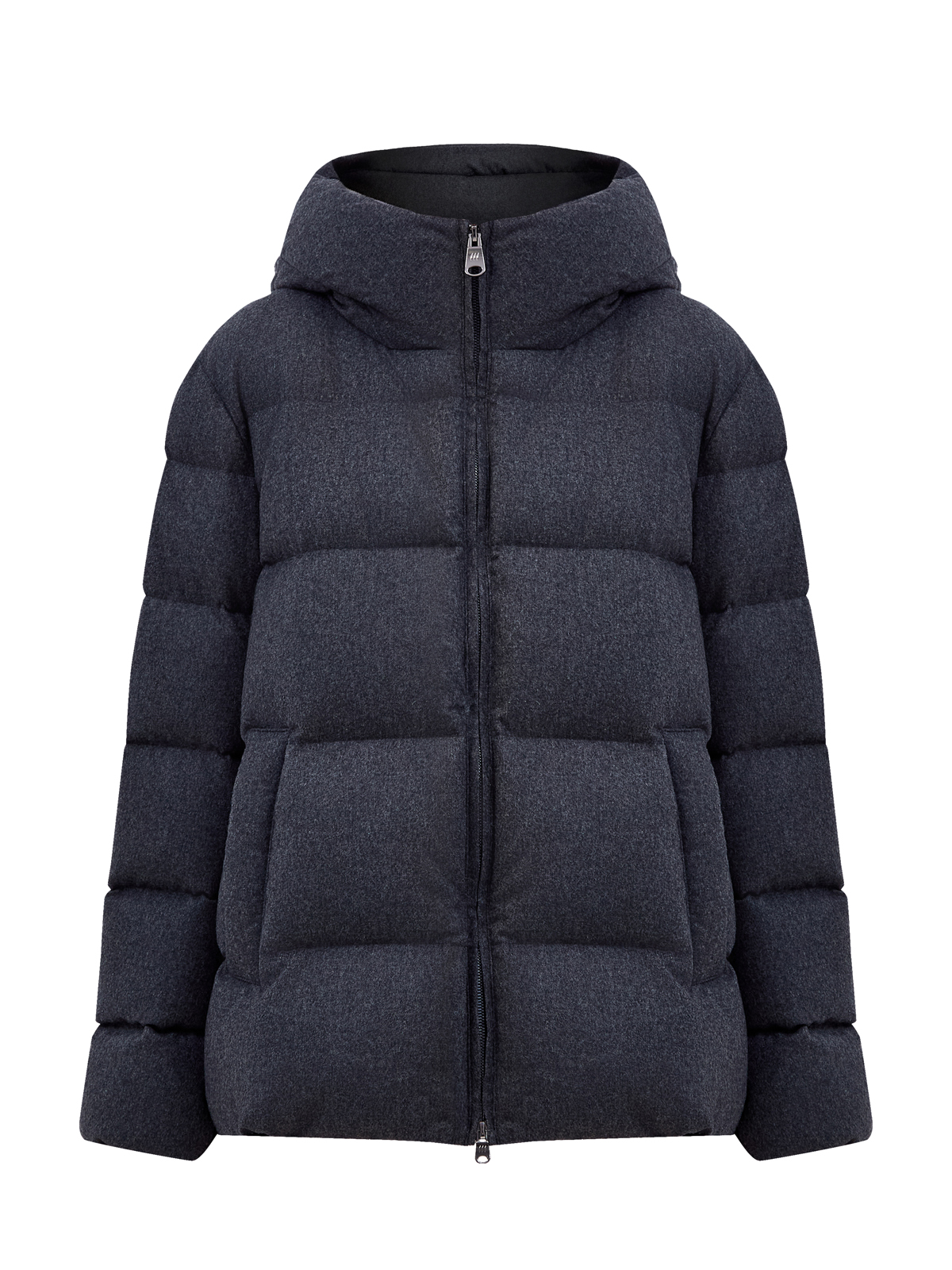 

Стеганый пуховик из меланжевого кашемира с капюшоном, Серый, Стеганый пуховик из меланжевого кашемира с капюшоном