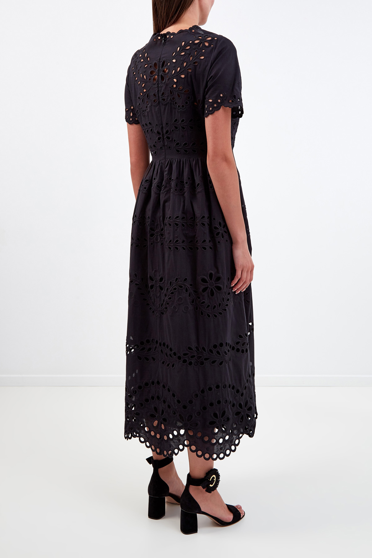 Платье-макси из плотного нейлона с кружевной английской вышивкой REDVALENTINO, цвет черный, размер L;M - фото 4