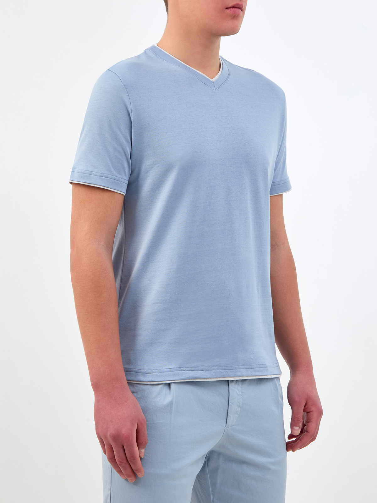 Хлопковая футболка с V-образным вырезом и контрастной окантовкой ELEVENTY, цвет голубой, размер 48;52 - фото 3