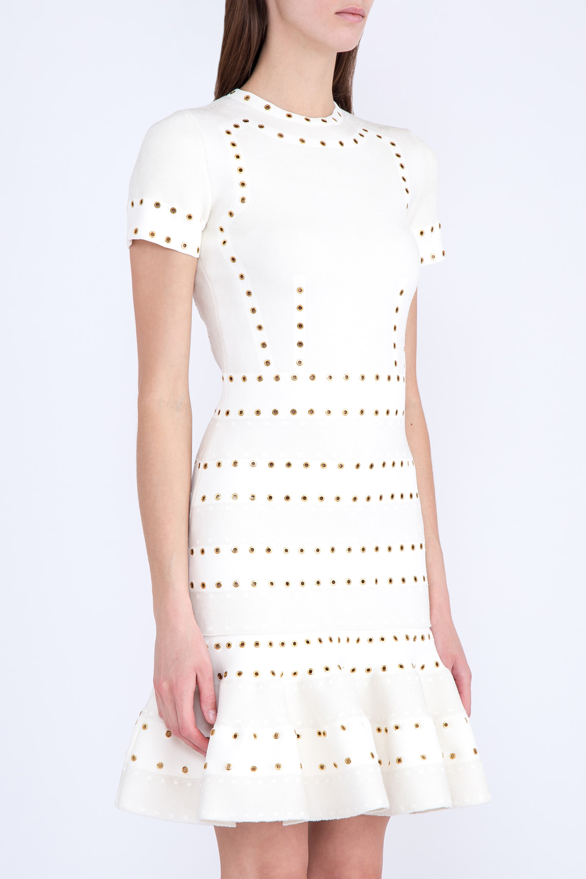 Платье приталенного кроя из бархатистой вискозы с декором люверсами ALEXANDER MCQUEEN, цвет белый, размер 42;44 - фото 3