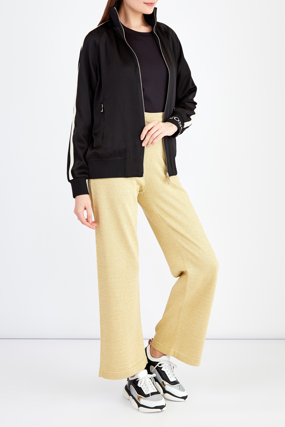 Широкие брюки из мерцающей пряжи с люрексом золотистого цвета MONCLER, размер 42 - фото 2