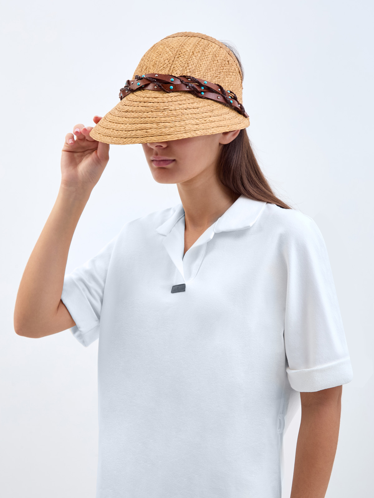 Шляпа-козырек из плетеной рафии с кожаным ремешком LORENA ANTONIAZZI, цвет коричневый, размер S;M;L - фото 2
